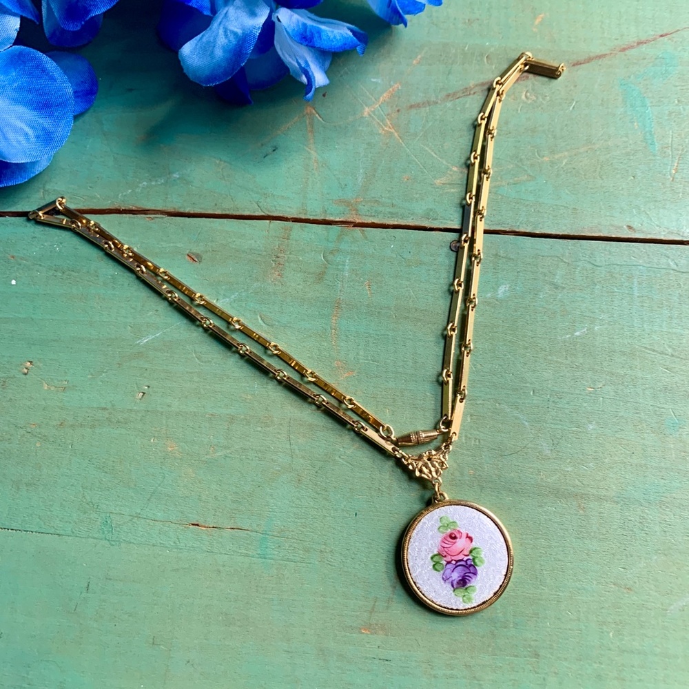 Pretty 1960's Vintage Goldette Guilloché Enamel Painted Enamel Floral Necklace